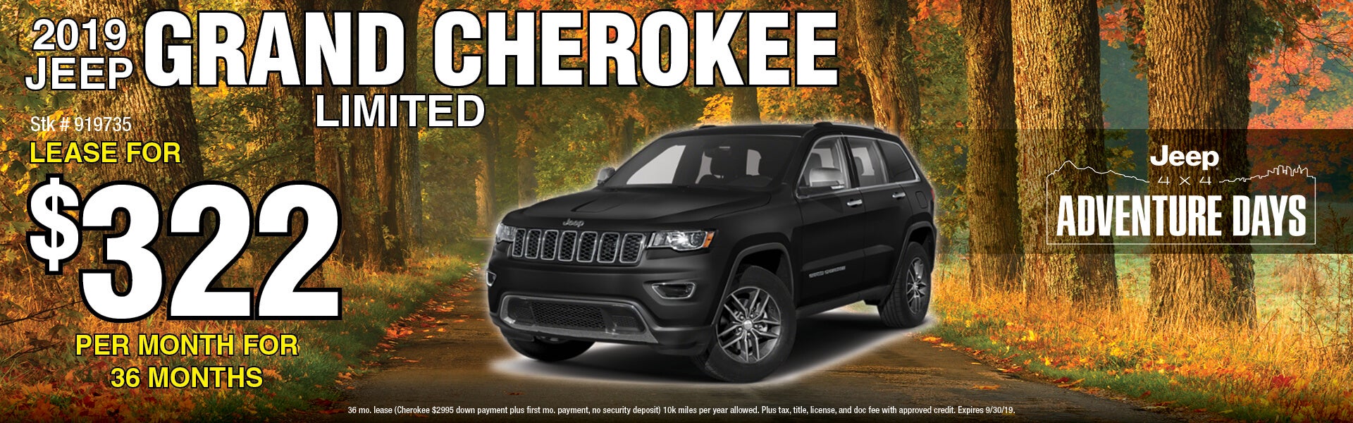 Lease a 2019 Jeep Grand Cherokee for $322/mo for 36 mo